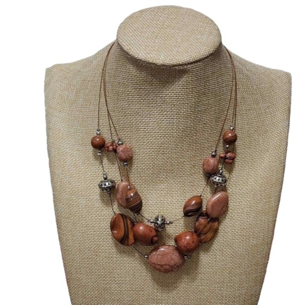 Treska Pink Multi Strand Layered Stone Wood Bead Necklace Terra Cotta Silver